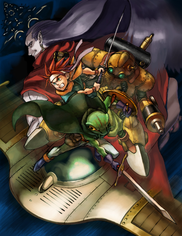 4boys, cape, chrono_trigger, cloak, closed_mouth, crono_(chrono_trigger), earrings, epoch