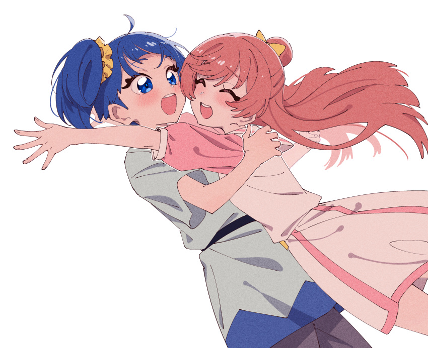 2girls, absurdres, black_pants, blue_eyes, blue_hair, blue_shirt, chinese_commentary, closed_eyes