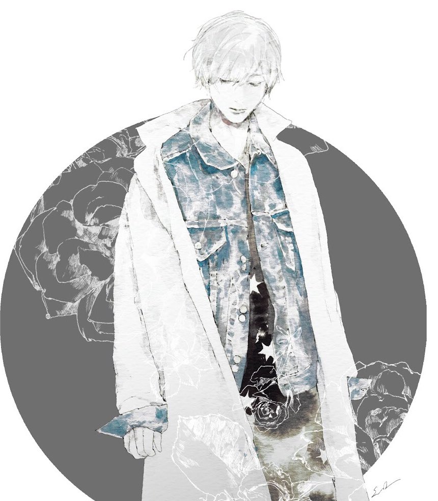 1boy, aofuji_sui, black_shirt, breast_pocket, circle, closed_eyes, closed_mouth, coat