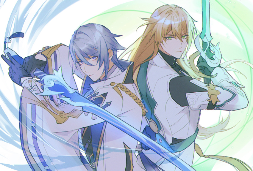 2boys, aiguillette, aqua_ribbon, arm_up, back-to-back, black_gloves, black_shirt, blonde_hair