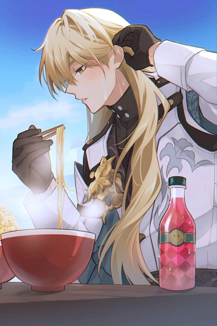 1boy, absurdres, adjusting_hair, aqua_ribbon, arm_up, black_gloves, black_shirt, blonde_hair, blue_sky, blush, bottle, bowl, chopsticks, clouds, coat, commentary_request, day, eyelashes, food, gloves, green_eyes, hair_behind_ear, hair_between_eyes, hand_up, highres, holding, holding_chopsticks, honkai:_star_rail, honkai_(series), long_hair, long_sleeves, luocha_(honkai:_star_rail), male_focus, noodles, outdoors, parted_lips, profile, ramen, ribbon, rice, shirt, sky, sleeve_cuffs, smiley_face, solo, steam, sweat, table, turtleneck, upper_body, white_coat, ydm_sushi