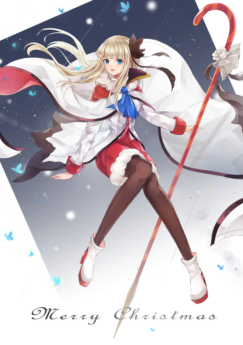 1girl, absurdres, another_eden, ascot, blonde_hair, blue_eyes, blunt_bangs, blush, boots, bug, butterfly, candy, candy_cane, christmas, cloak, dress, food, full_body, fur-trimmed_dress, fur_collar, fur_trim, high_heel_boots, high_heels, highres, isuka_(another_eden), long_hair, long_sleeves, looking_at_viewer, merry_christmas, open_mouth, slime_(user_jpds8754), smile, solo, staff, very_long_hair