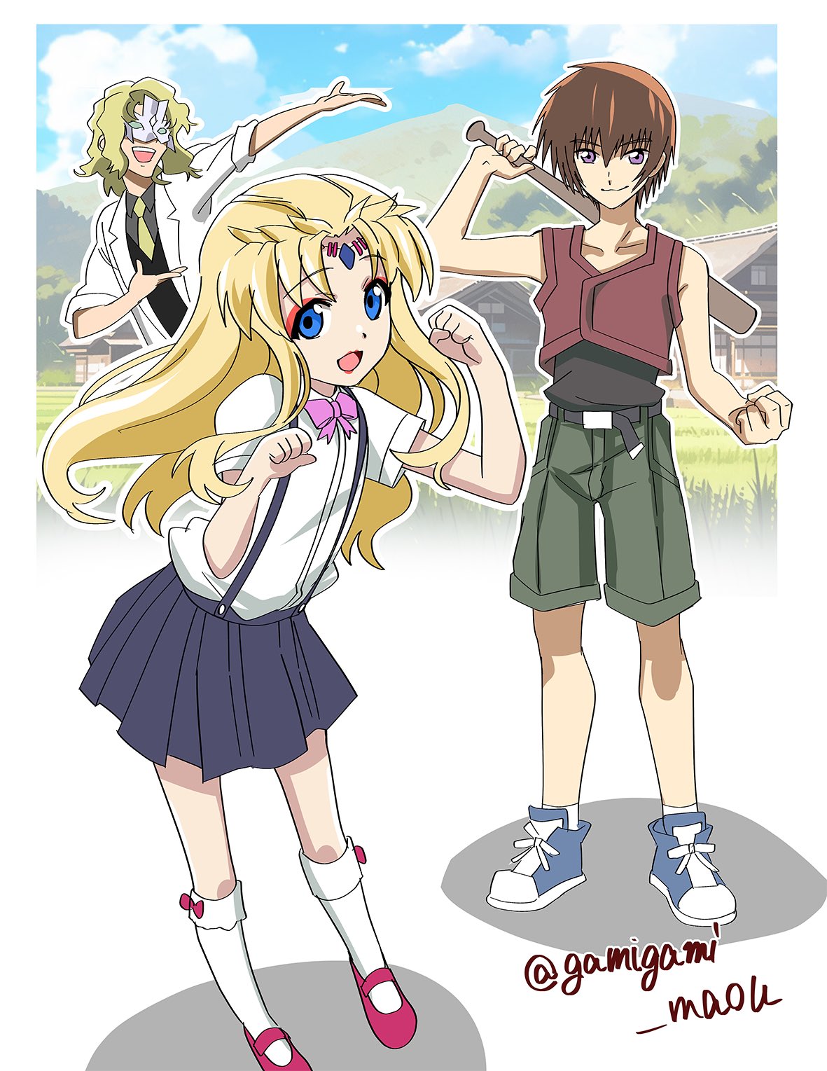 1girl, 2boys, aura_maha_khyber, baseball_bat, blonde_hair, blue_eyes, bow, brown_hair