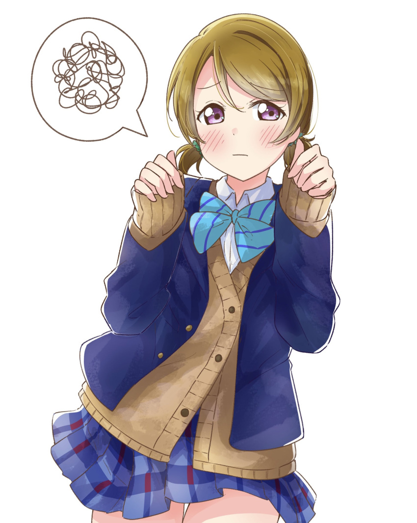 1girl, absurdres, blazer, blue_bow, blue_bowtie, blue_jacket, blue_skirt, blush