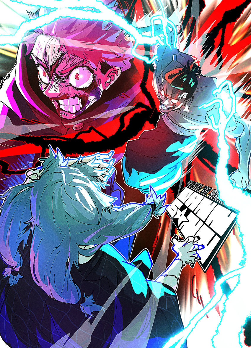 3boys, absurdres, battle, black_flash_(jujutsu_kaisen), black_hair, blank_eyes, blood, blood_on_face