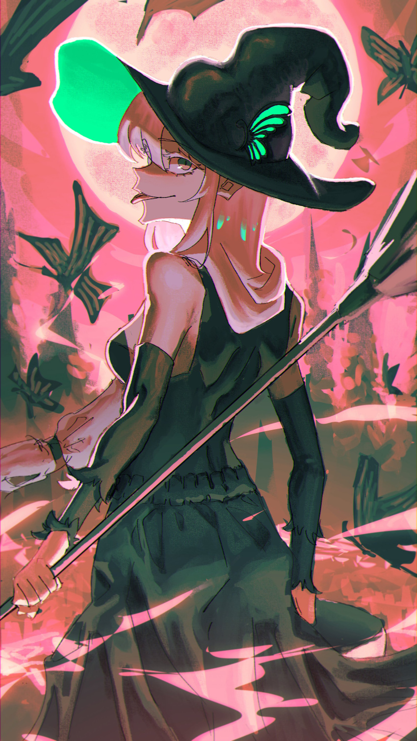 1girl, absurdres, black_dress, breasts, broom, bug, butterfly, colored_eyelashes