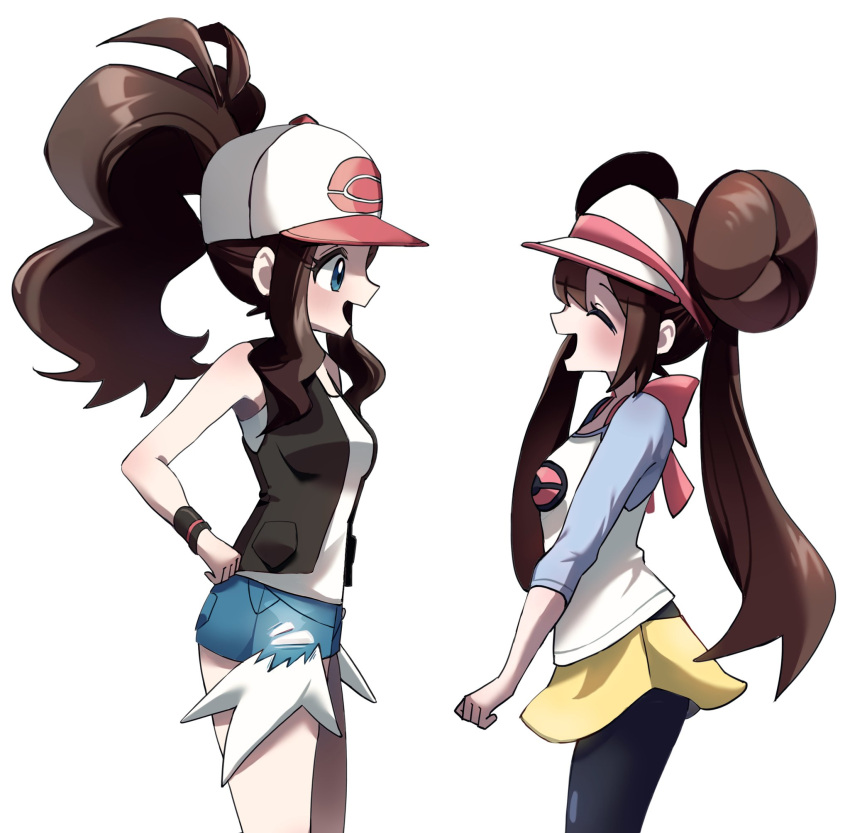 2girls, black_pantyhose, black_vest, blue_eyes, blue_shorts, brown_hair, double_bun, from_side