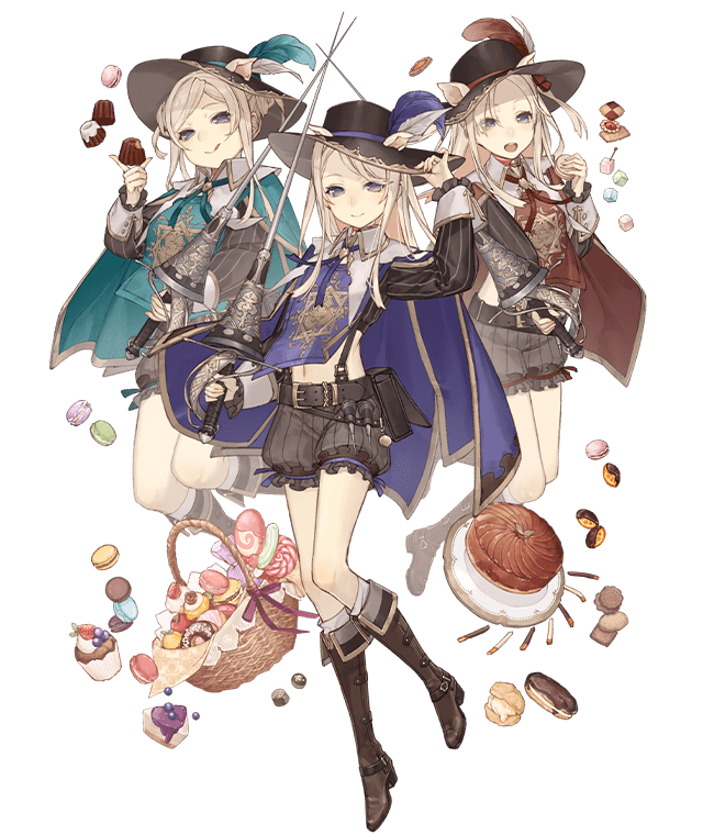 3girls, animal_ears, blonde_hair, bloomers, blue_eyes, blue_little_pig_(sinoalice), bundt_cake, cake