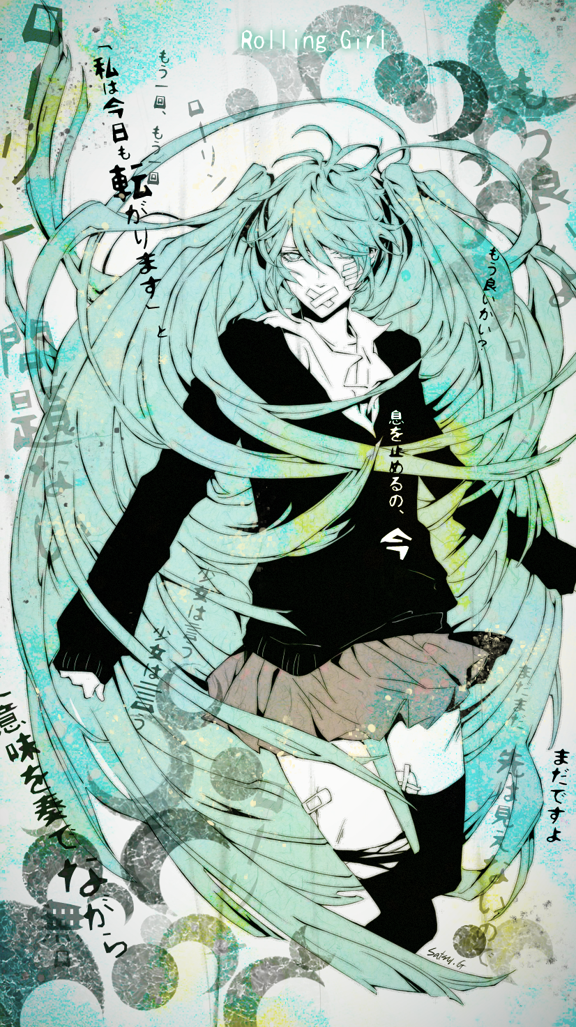 aqua_eyes, aqua_hair, bad_id, bandaid, bangs, hair_over_one_eye, hatsune_miku, highres