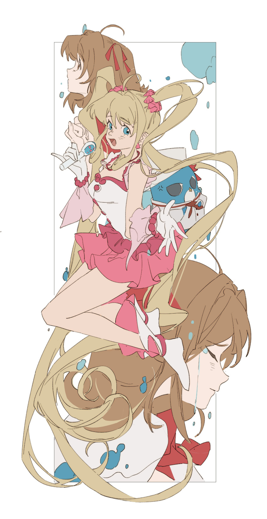3girls, absurdres, bird, blonde_hair, blue_eyes, brown_hair, dress, full_body