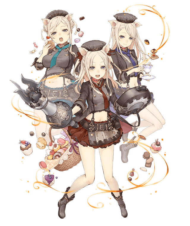 3girls, animal_ears, ankle_boots, blonde_hair, blue_little_pig_(sinoalice), boots, cake, cake_slice, candy, checkerboard_cookie, chef_hat, chocolate, cookie, cream_puff, cup, cupcake, doughnut, food, green_little_pig_(sinoalice), hat, holding, holding_cup, holding_food, holding_saucer, macaron, midriff, multiple_girls, official_art, orangette, pig_ears, pig_girl, red_little_pig_(sinoalice), saucer, siblings, sinoalice, sisters, teacup, thumbprint_cookie, wrapped_candy