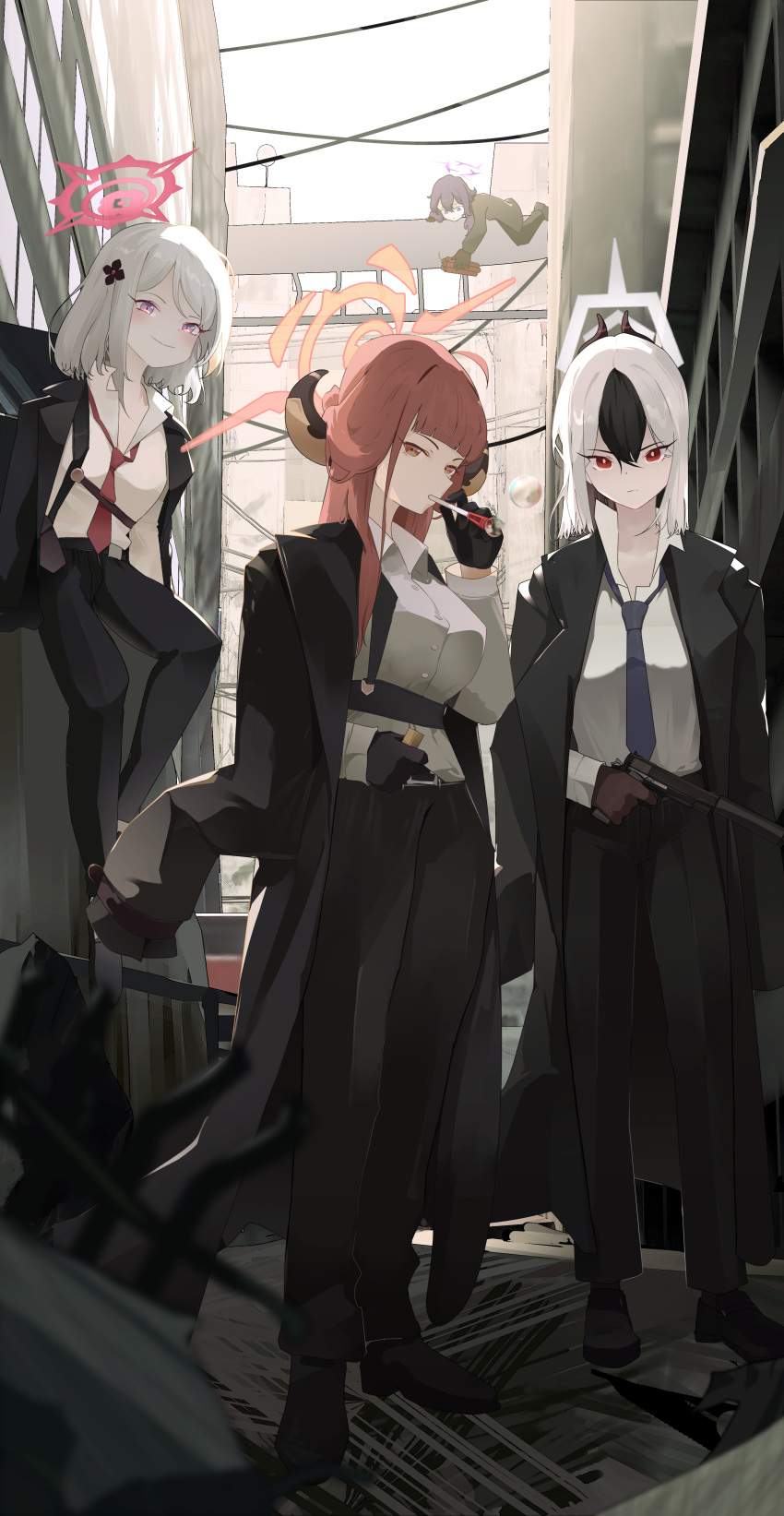 4girls, absurdres, aru_(blue_archive), black_footwear, black_gloves, black_hair, black_horns, black_pants