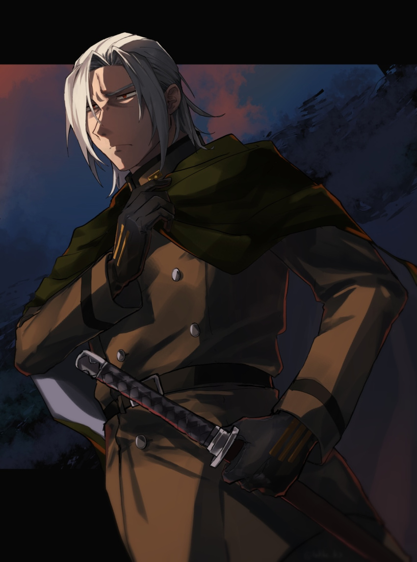 1boy, adjusting_clothes, akatsuki_blitzkampf, black_gloves, brown_coat, brown_pants, cloak, coat, gloves, green_cloak, highres, holding, holding_sword, holding_weapon, insignia, k2_(hokke), katana, male_focus, military_uniform, murakumo_(akatsuki_blitzkampf), narrowed_eyes, pants, parted_bangs, red_eyes, sheath, sheathed, sword, twitter_username, uniform, upper_body, v-shaped_eyebrows, weapon, white_hair