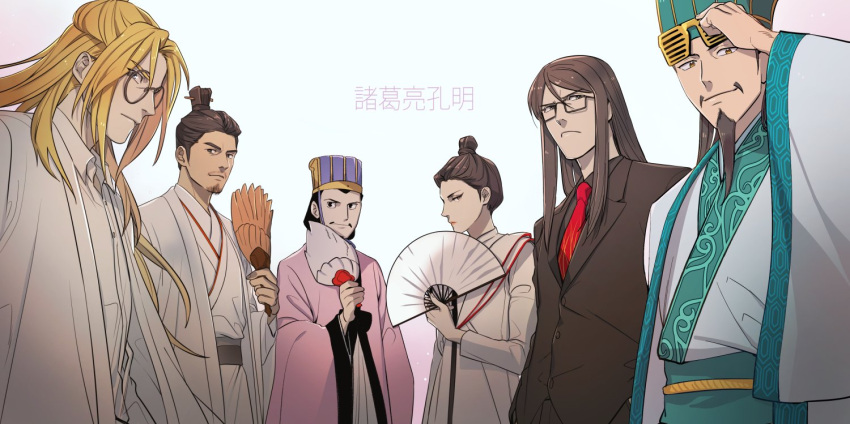 1girl, 4boys, beard, black_hair, black_jacket, black_shirt, blonde_hair, brown_hair