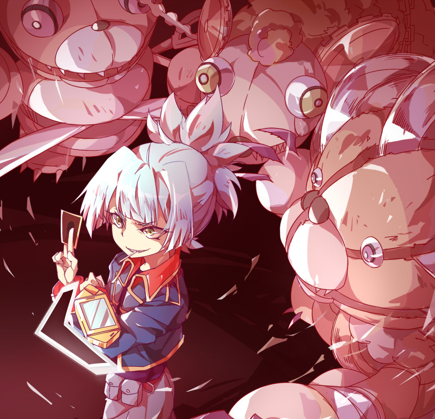 1boy, between_fingers, card, card_between_fingers, duel_disk, duel_monster, frightfur_bear, highres