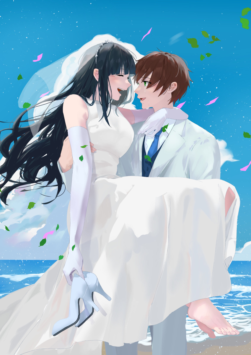 1boy, 1girl, absurdres, arm_around_neck, barefoot, beach, black_hair, blue_necktie
