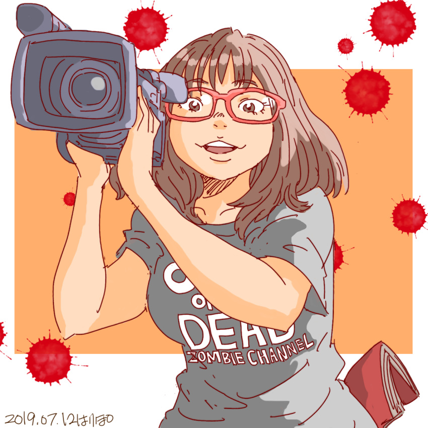 1girl, blood, blood_splatter, brown_eyes, brown_hair, camera, dated, glasses