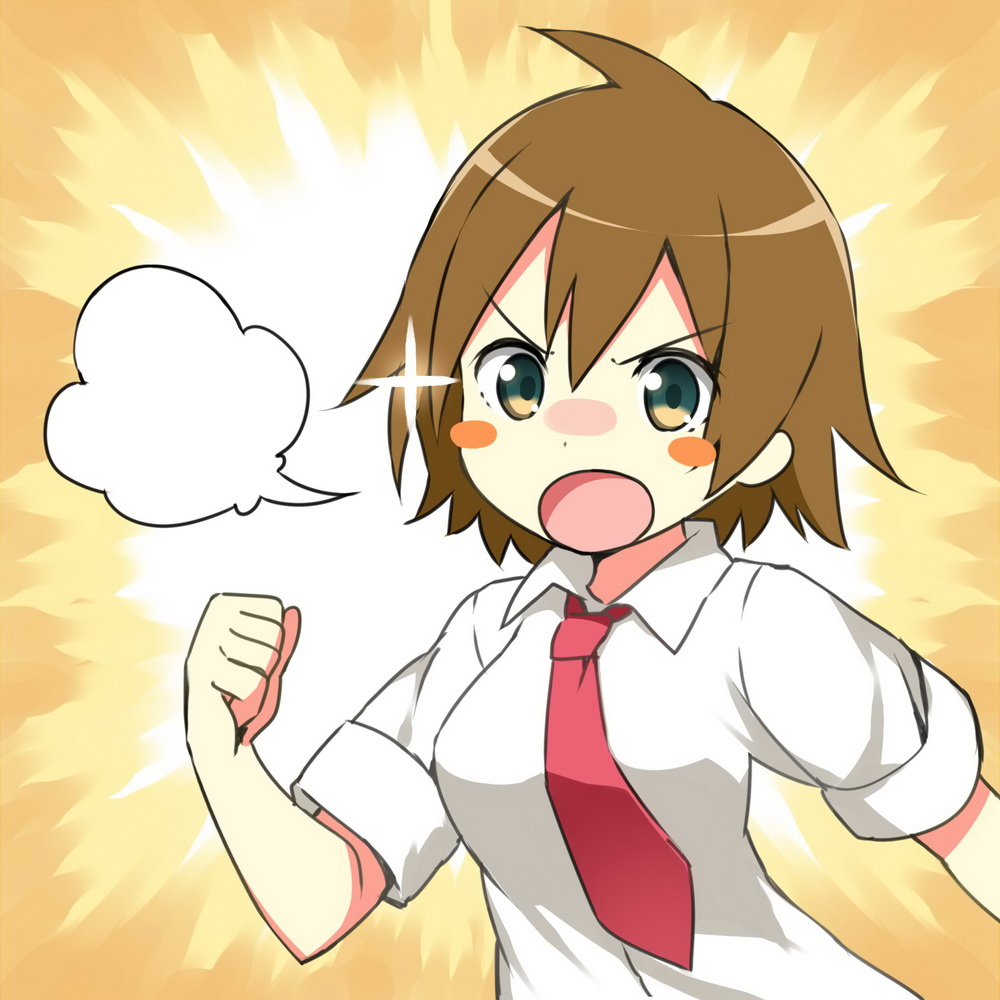 1girl, blank_speech_bubble, blush_stickers, brown_background, brown_hair, clenched_hand, collared_shirt, dot_nose