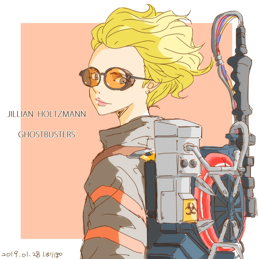 1girl, blonde_hair, brown_jumpsuit, character_name, dated, from_side, ghostbusters, ghostbusters_uniform