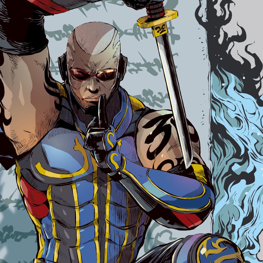 1boy, armor, body_writing, dark-skinned_male, dark_skin, gauntlets, holding, holding_sword