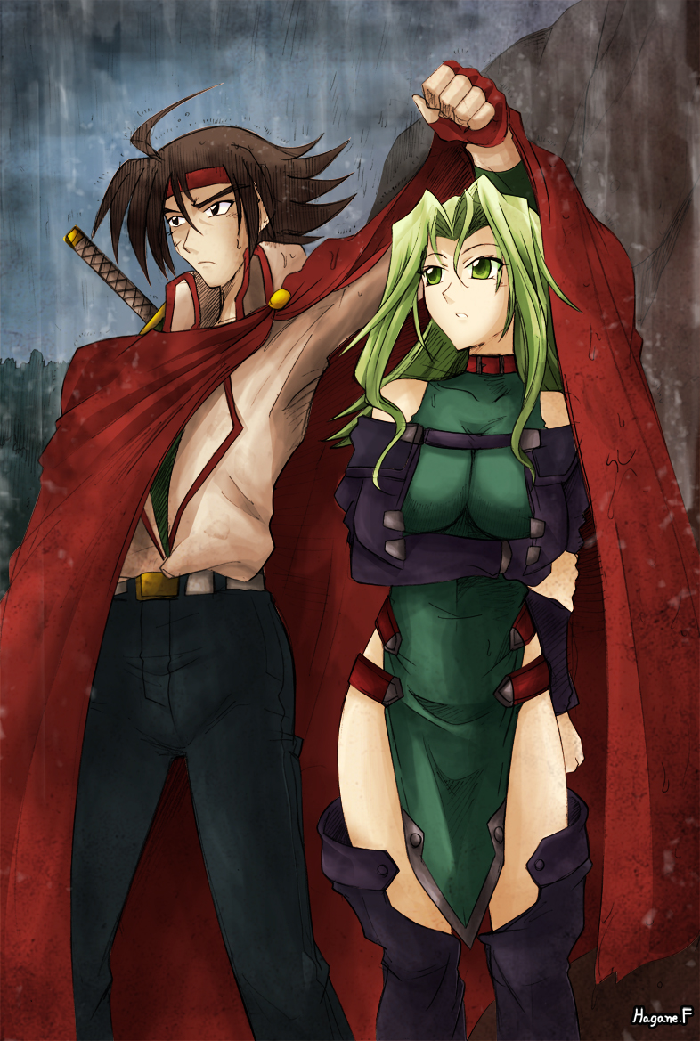 crossed_arms, crossover, domon_kasshu, g_gundam, gundam, haganef, lamia_loveless, large_breasts