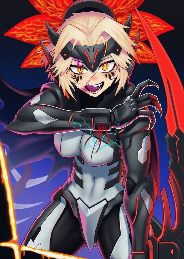 1girl, arm_blade, blonde_hair, blood, breasts, broken, broken_weapon, covered_navel