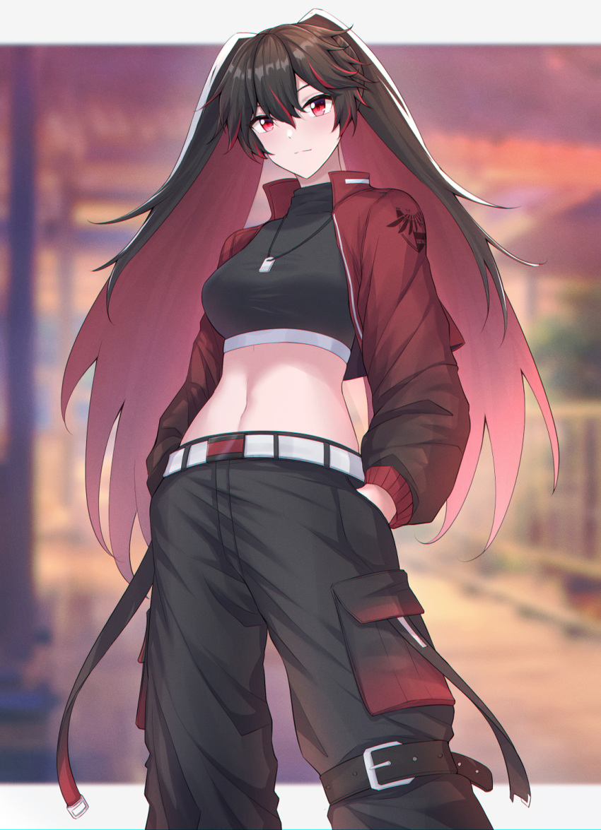 1girl, alternate_costume, belt, black_belt, black_hair, black_pants, cesvelox, colored_inner_hair, dog_tags, hair_between_eyes, hands_in_pocket, highres, jacket, leg_belt, long_hair, lucia:_plume_(punishing:_gray_raven), lucia_(punishing:_gray_raven), midriff, multicolored_hair, navel, necktie, open_clothes, open_jacket, pants, punishing:_gray_raven, red_eyes, red_necktie, sidelocks, solo, streaked_hair, twintails, very_long_hair, white_belt