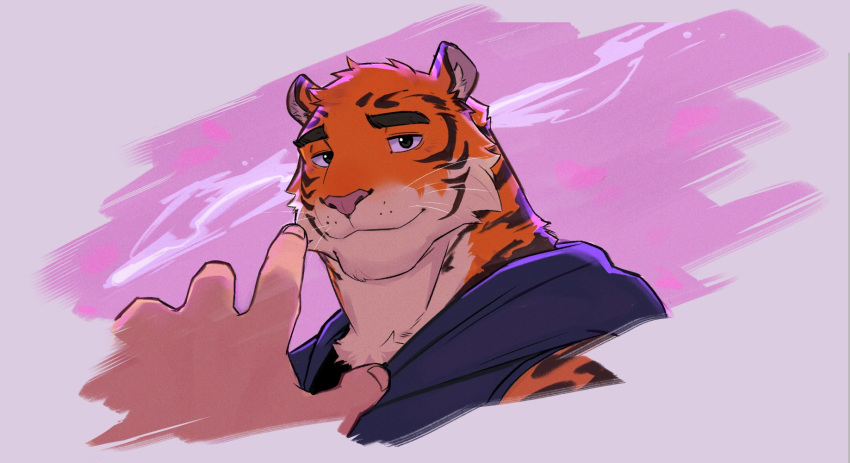 2boys, 9klipse, animal_ears, black_eyes, cyrus_cantwell, damion_(rtf), english_commentary, furry, furry_male, highres, hood, hoodie, implied_death, looking_at_viewer, male_focus, multiple_boys, outstretched_hand, pov, remember_the_flowers, second-party_source, sleeveless, sleeveless_hoodie, tiger_boy, tiger_ears, tiger_stripes, upper_body, whiskers