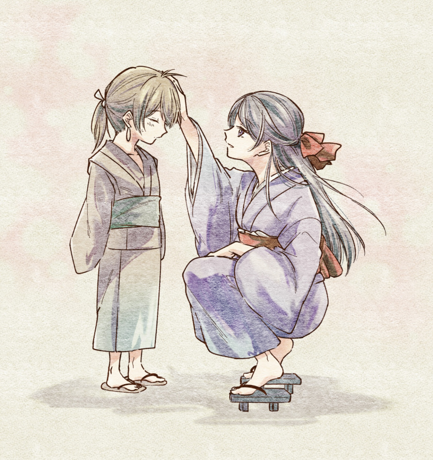 1boy, 1girl, aged_down, arms_at_sides, black_hair, child, earrings, facing_another