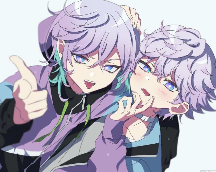 2boys, aqua_hair, brothers, cozmez_(paradox_live), grey_background, hand_on_another's_head, hood, hood_down, hoodie, looking_at_viewer, male_focus, multicolored_hair, multiple_boys, nownnownn, paradox_live, pointing, pointing_at_viewer, purple_hair, purple_hoodie, siblings, simple_background, tongue, tongue_out, twins, violet_eyes, yatonokami_kanata, yatonokami_nayuta
