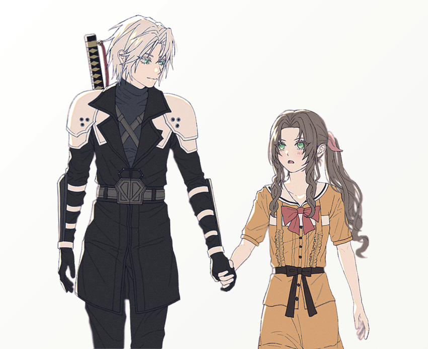 1boy, 1girl, aerith_gainsborough, aged_down, armor, black_gloves, black_jacket, braid