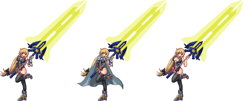 blonde_hair, breasts, fate_testarossa, huge_weapon, long_hair, lowres, mahou_shoujo_lyrical_nanoha, mahou_shoujo_lyrical_nanoha_a's, mahou_shoujo_lyrical_nanoha_a's, mahou_shoujo_lyrical_nanoha_strikers, pixel_art, red_eyes, ribbon, sword, thigh-highs, thighhighs, very_long_hair, weapon, ziyuansun