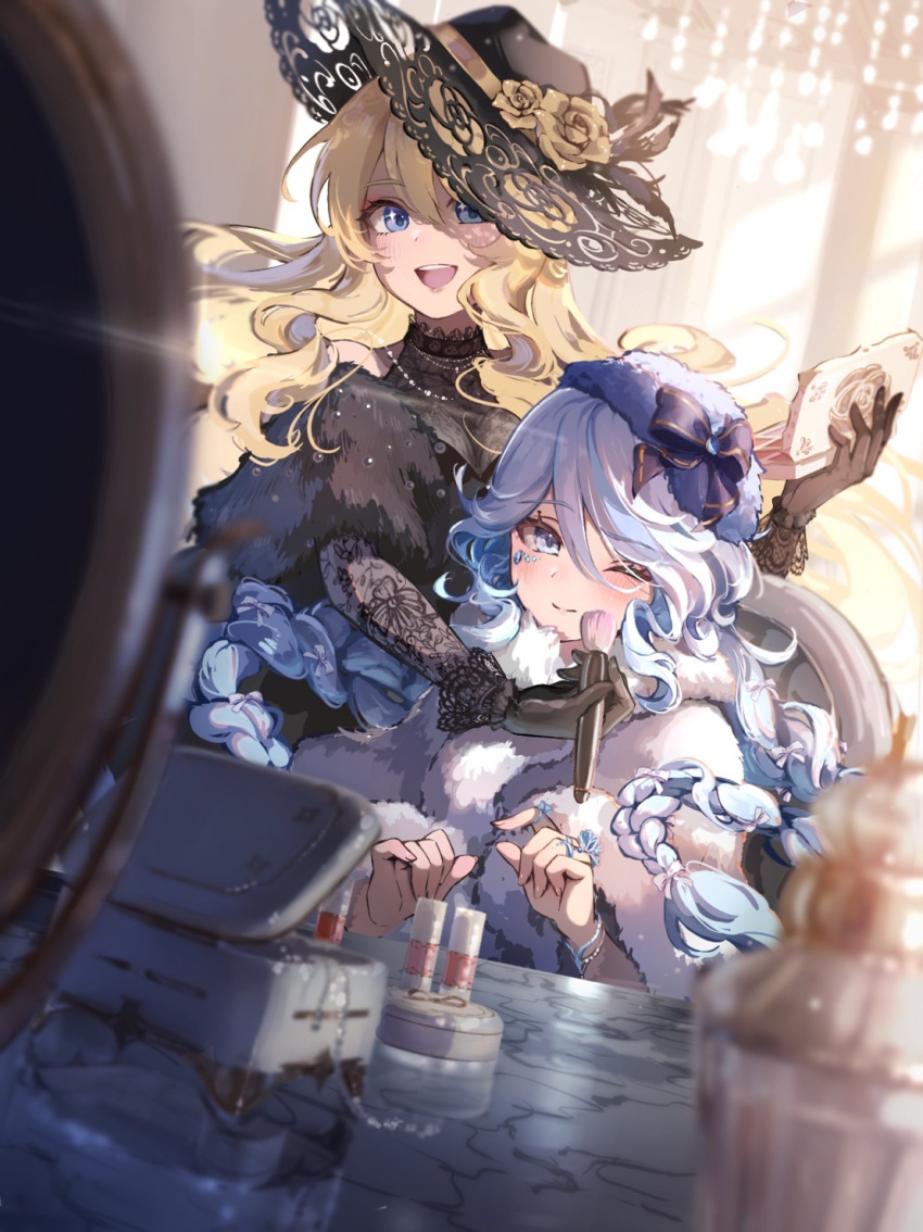 2girls, :d, ;), alternate_costume, applying_makeup, backlighting, bare_shoulders, black_capelet