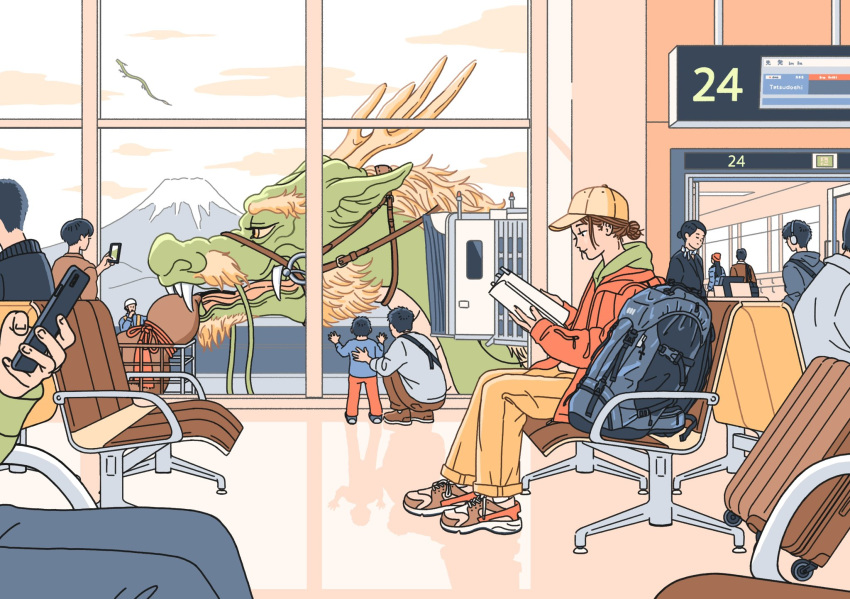 4girls, 6+boys, against_window, backpack, bag, baseball_cap, blue_bag, brown_footwear, brown_hair, brown_pants, chair, child, chinese_zodiac, closed_mouth, clouds, dragon, eastern_dragon, father_and_son, flight_attendant, full_body, gourd, grey_pants, hair_bun, hand_up, hands_up, hat, highres, holding, holding_phone, hood, hood_down, hooded_jacket, indoors, jacket, long_sleeves, mizukawa_masaya, mount_fuji, multiple_boys, multiple_girls, new_year, orange_jacket, original, pants, phone, reading, rolling_suitcase, shoes, sky, smile, sneakers, suitcase, taking_picture, travel_attendant, white_sky, window, year_of_the_dragon, yellow_headwear, yellow_pants