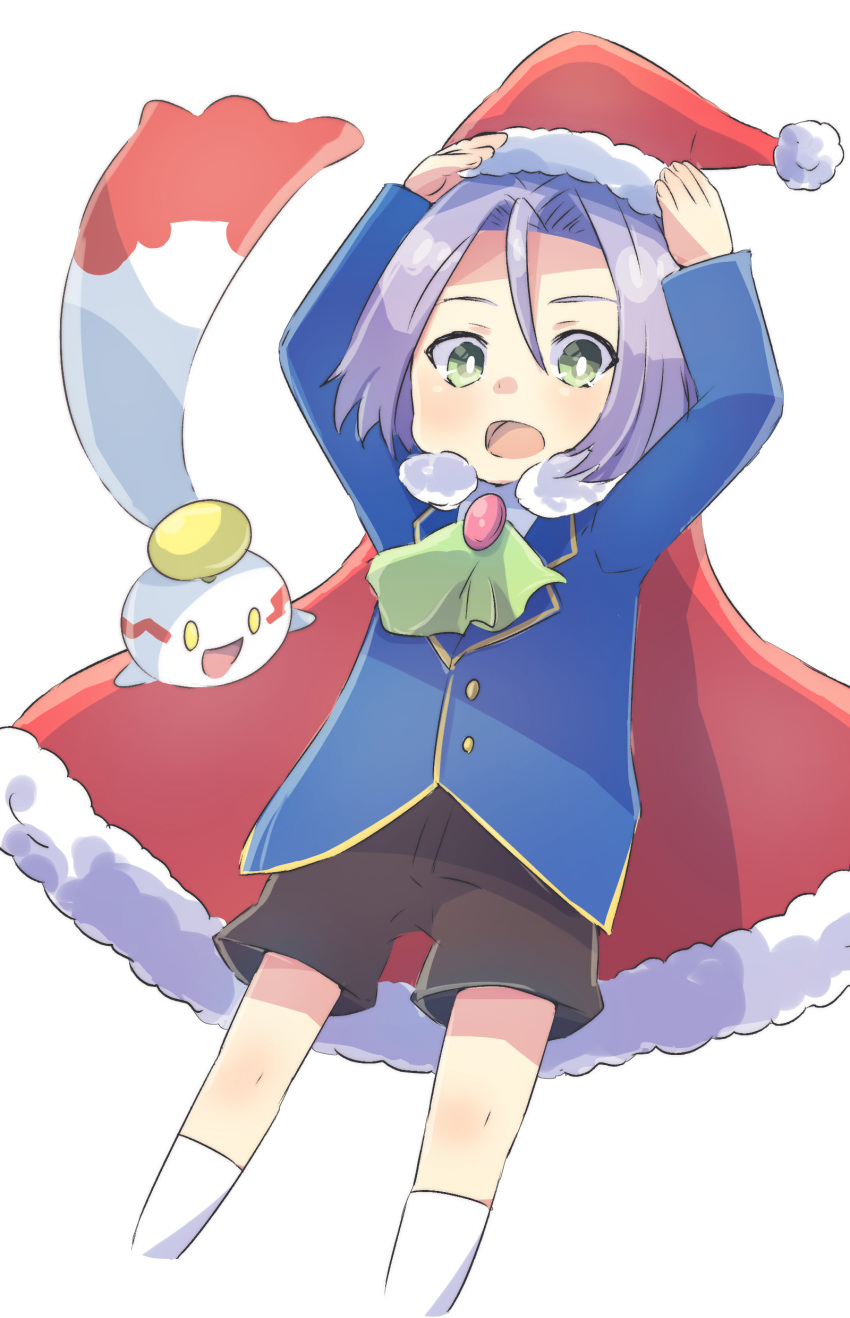 1boy, absurdres, arms_up, ascot, black_shorts, blue_hair, blue_shirt, cape