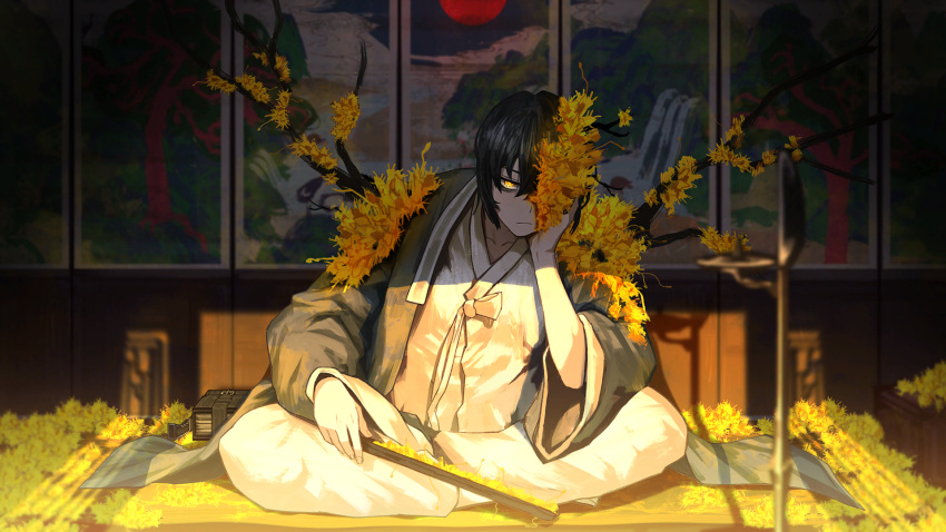 1boy, bags_under_eyes, black_hair, closed_mouth, coat, e.g.o_(project_moon), flower, folding_fan