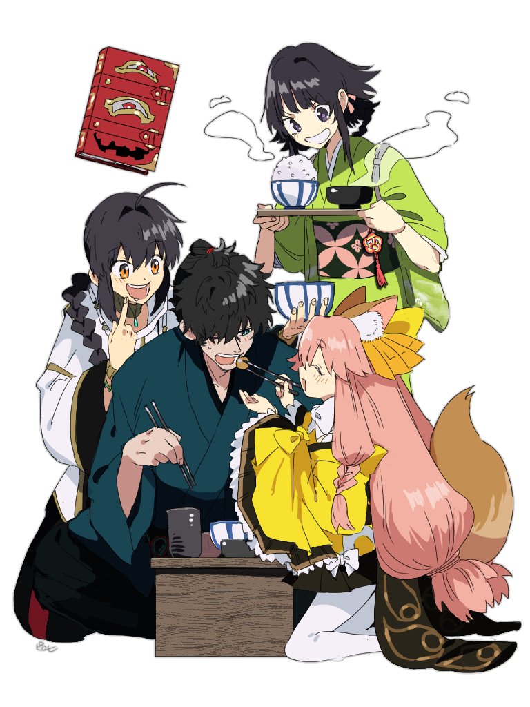 1boy, 1other, 2girls, ahoge, amulet, androgynous, animal_ear_fluff, animal_ears