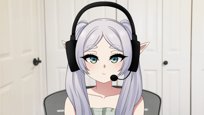 1girl, absurdres, elf, expressionless, frieren, green_eyes, grey_hair, headphones