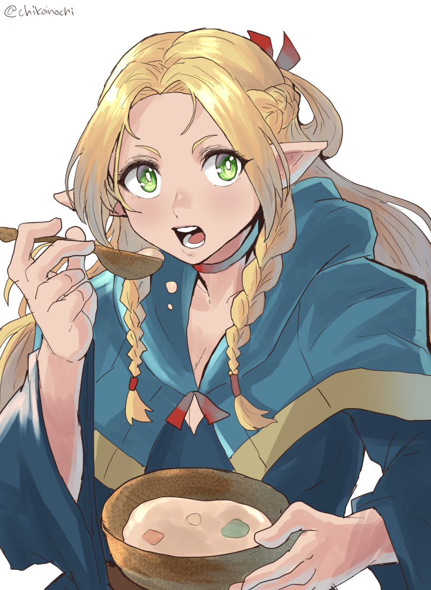 1girl, blonde_hair, blue_capelet, blue_robe, bowl, braid, capelet, chikoinochi, choker, dungeon_meshi, elf, green_eyes, hair_ribbon, highres, holding, holding_bowl, holding_spoon, marcille_donato, multiple_braids, open_mouth, pointy_ears, red_ribbon, ribbon, robe, simple_background, solo, spoon, white_background, wooden_bowl, wooden_spoon