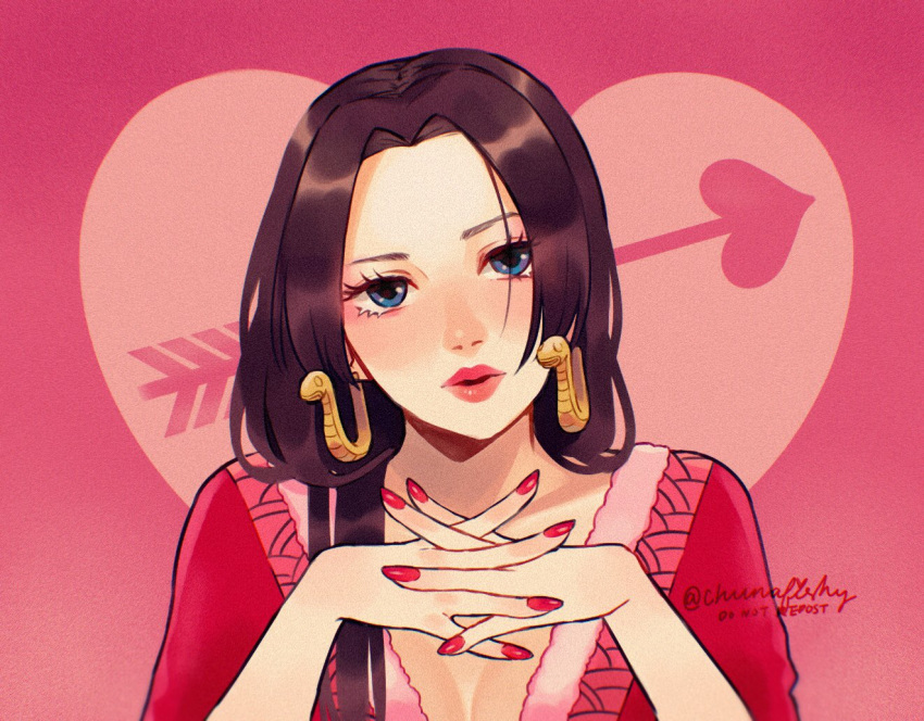 1girl, arrow_(projectile), black_hair, blue_eyes, boa_hancock, chunafishy, close-up, crossed_fingers