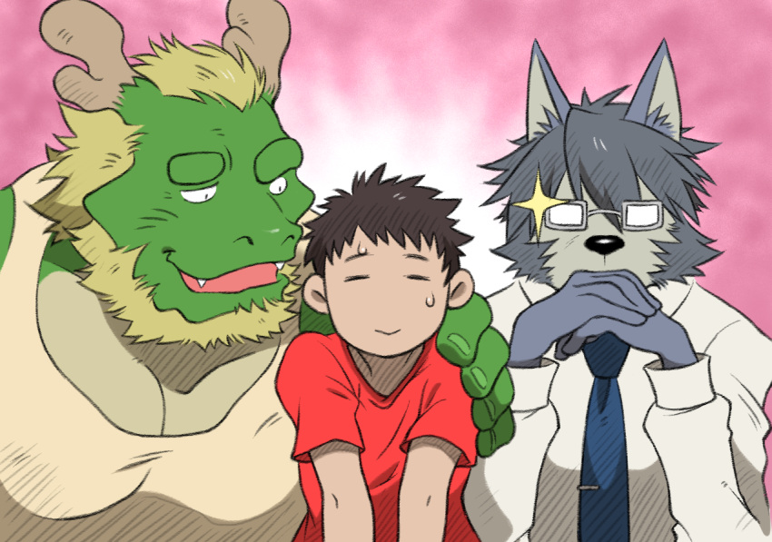 3boys, animal_ears, beard, blue_necktie, check_commentary, commentary_request, dog_boy, dog_ears, dragon_boy, dragon_horns, facial_hair, fangs, father's_day, furry, furry_male, hiroyuki_nishimura_(morenatsu), horns, looking_at_another, male_focus, mitsuhisa_aotsuki, morenatsu, multiple_boys, necktie, open_mouth, red_shirt, shirako_(kirupi), shirt, sparkle, sweat, tappei_midoriya, white_shirt