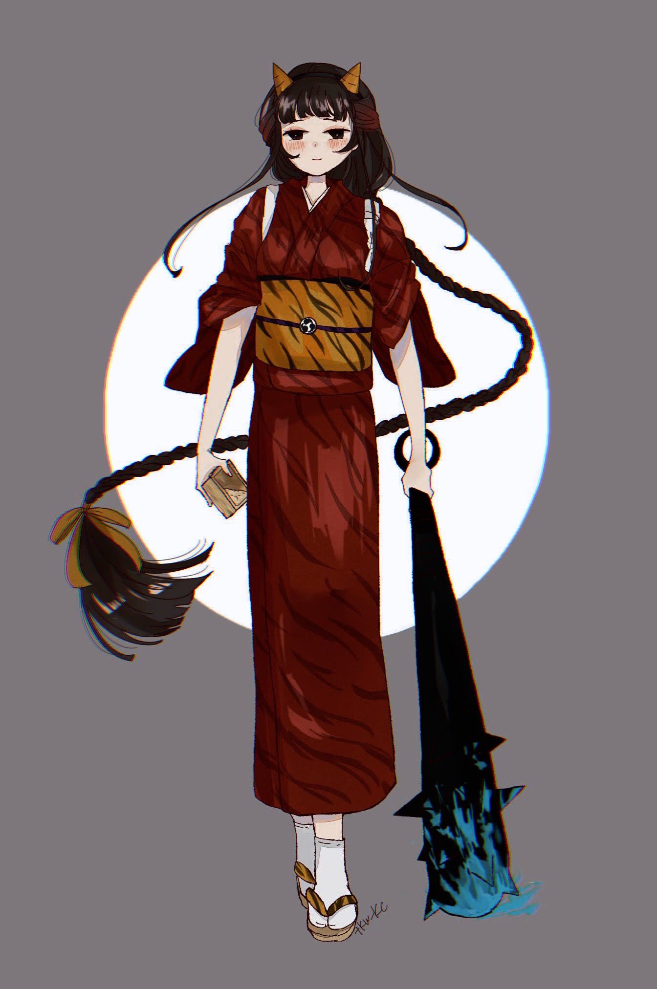1girl, animal_print, black_eyes, black_hair, box, braid, club_(weapon), cone_horns