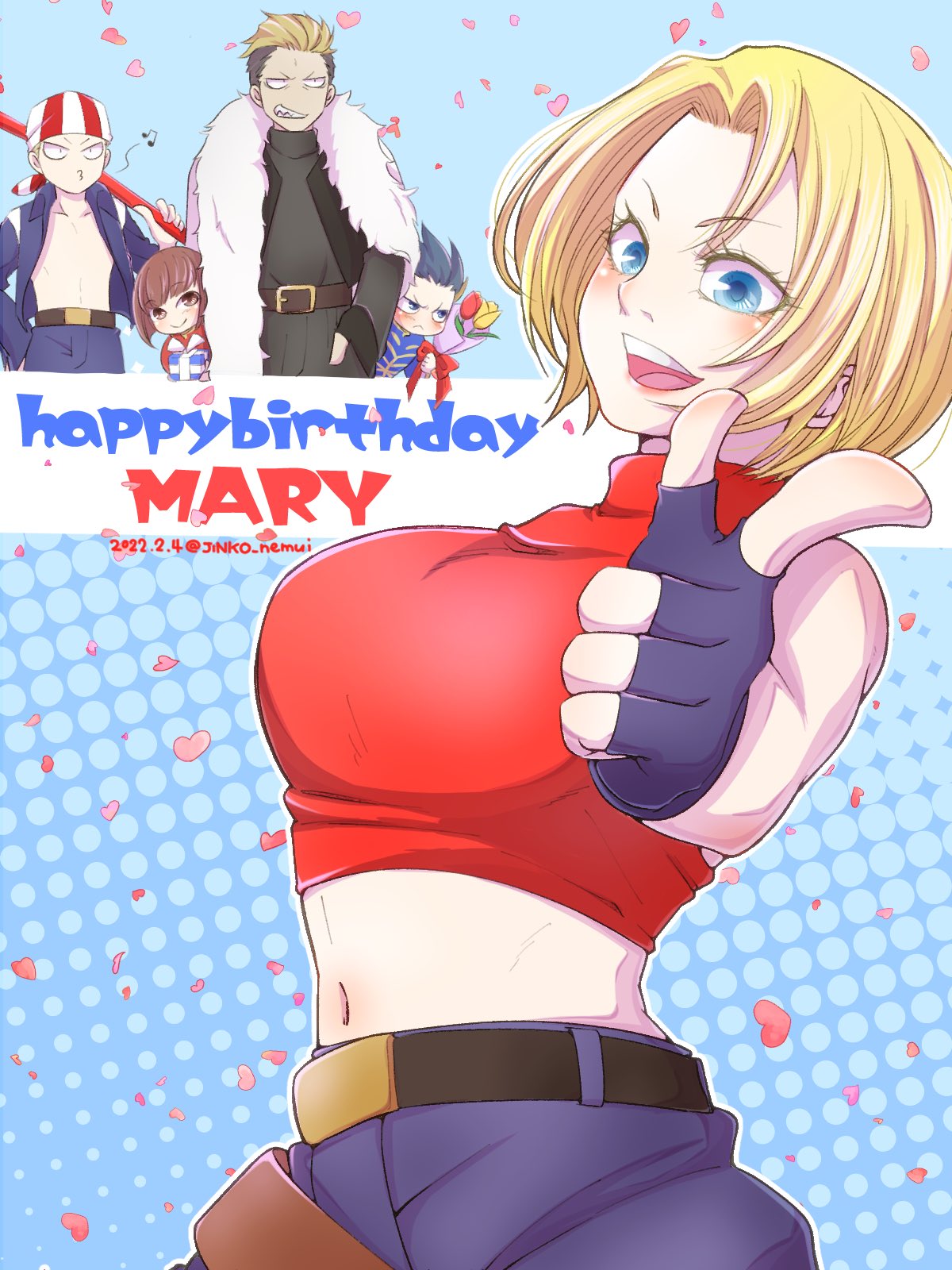 1girl, 4boys, billy_kane, blonde_hair, blue_eyes, blue_mary, crop_top, fatal_fury