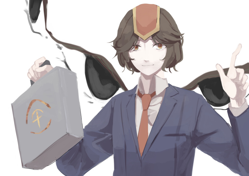 1other, absurdres, androgynous, black_eyes, blue_jacket, blue_sleeves, briefcase, brown_hair, chinese_commentary, closed_mouth, coattails, collared_jacket, collared_shirt, commentary_request, extra_eyes, headgear, high_collar, highres, holding, holding_briefcase, jacket, kanghan_kang_yanjian, kokutenshi_hibaru, layered_sleeves, len'en, long_sleeves, looking_at_viewer, necktie, other_focus, pointing, red_headwear, red_necktie, shirt, short_hair, simple_background, smile, solo, upper_body, v-neck, white_background, white_shirt, wings, yellow_eyes