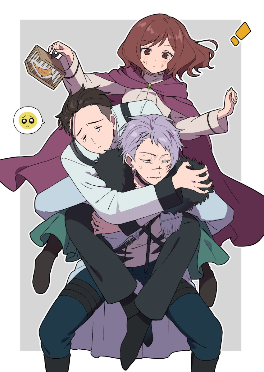 1girl, 2boys, animal, annoyed, arms_around_neck, asymmetrical_bangs, ayuppe, bird