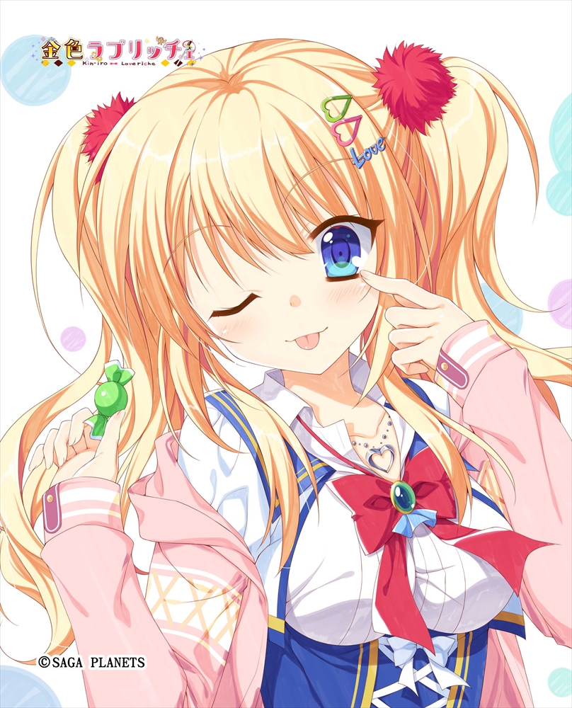 1girl, 2021, ;p, blonde_hair, blue_eyes, blush, bow, breasts
