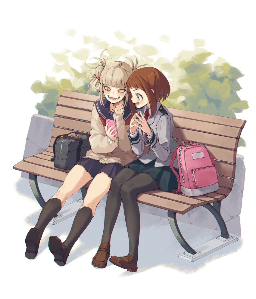 2girls, ankle_socks, backpack, bag, bench, black_bag, black_pantyhose, black_skirt