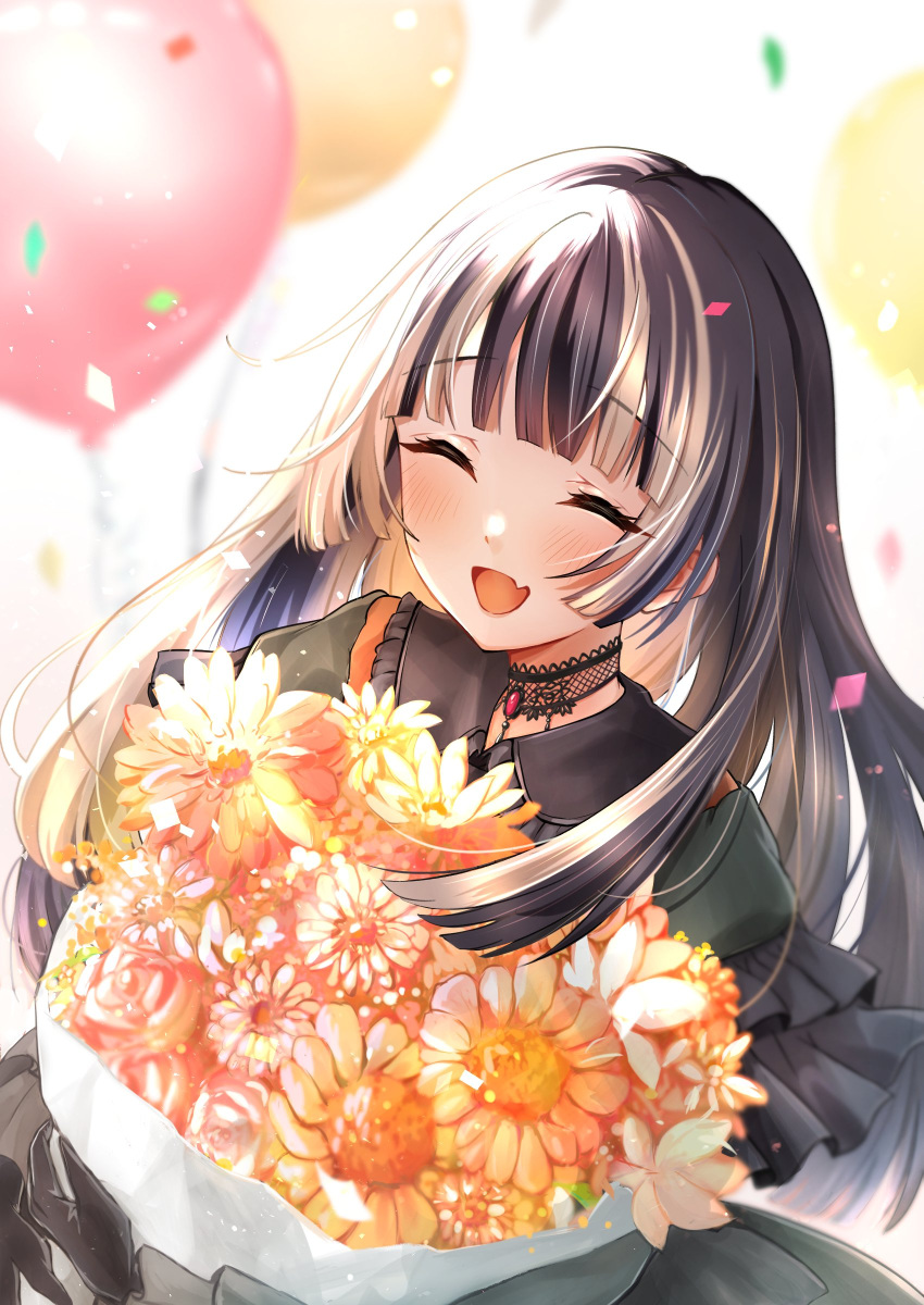 1girl, absurdres, balloon, birthday, black_choker, black_gloves, blunt_bangs, blurry, blurry_background, blush, bouquet, brown_hair, choker, closed_eyes, commentary, confetti, dress, facing_viewer, fang, frilled_dress, frills, gem, gloves, green_dress, happy, happy_birthday, highres, holding, holding_bouquet, hololive, hololive_dev_is, juufuutei_raden, kakapo_green, lace, lace_choker, long_hair, multicolored_hair, open_mouth, red_gemstone, simple_background, skin_fang, smile, solo, standing, streaked_hair, two-tone_hair, upper_body, virtual_youtuber, white_background, white_hair