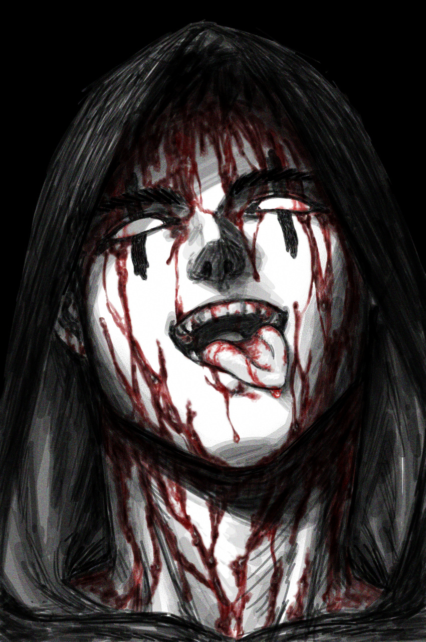 1boy, absurdres, black_hair, black_theme, blank_eyes, blood, blood_on_face, crazy_smile