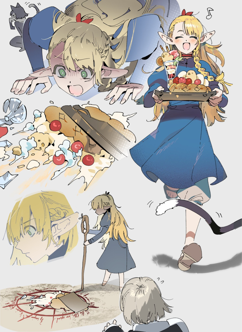 3girls, ambrosia_(dungeon_meshi), black_fur, black_hair, blonde_hair, blue_robe, braid, cake